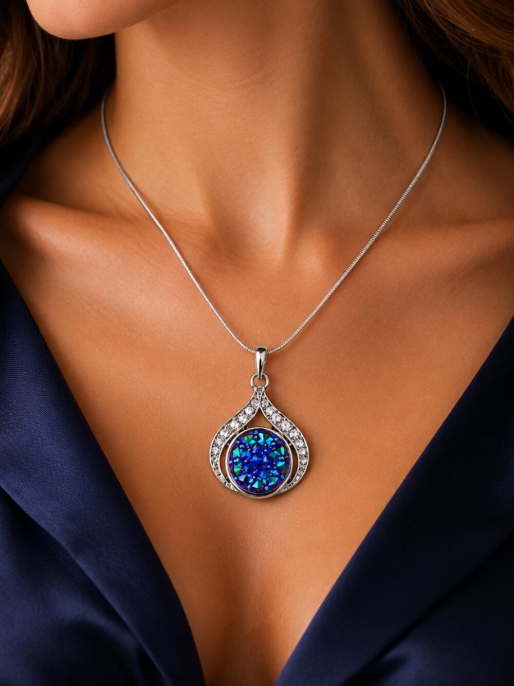 Silver Rhinestone Teardrop Snap Necklace Blue Crystal Mosaic Snap 925 Chain
